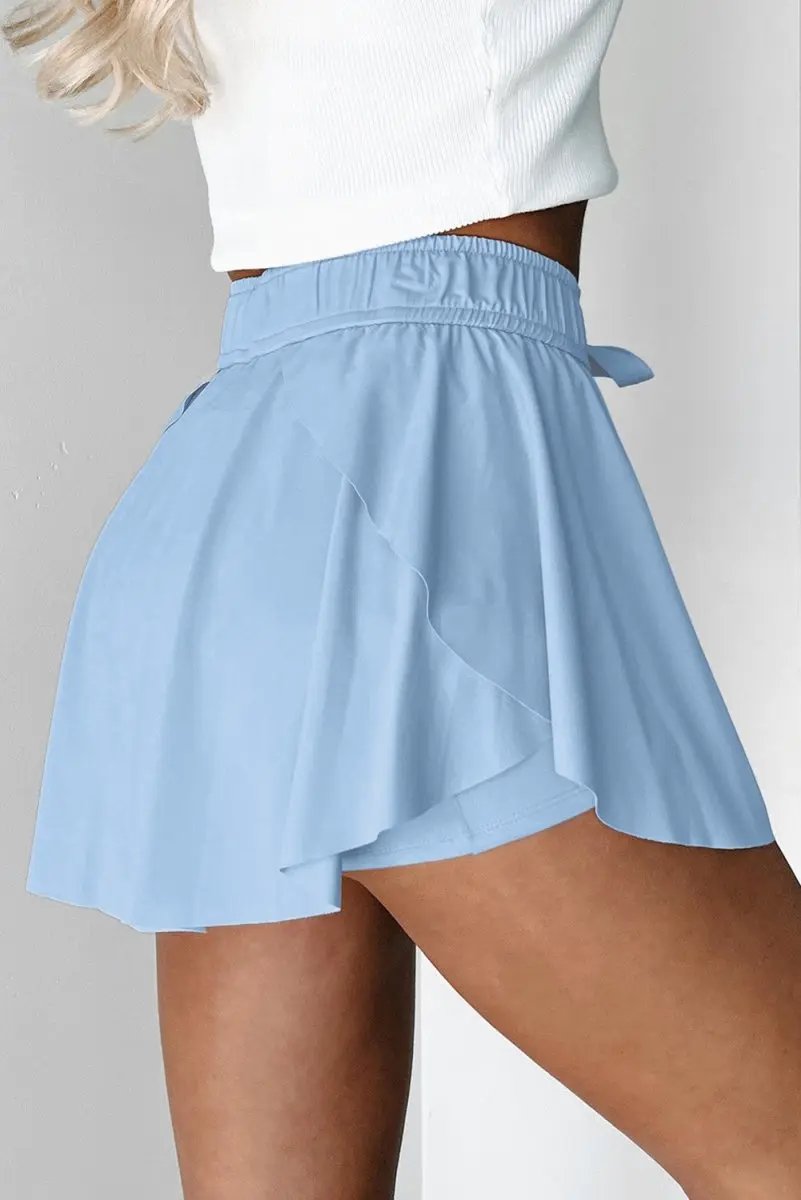Sky Blue Drawstring High Waist Lined Tennis Skorts for Women - Love Salve